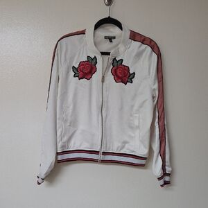 Express White Bomber Jacket with Pink Accent Stripes and Red Rose Embroidery